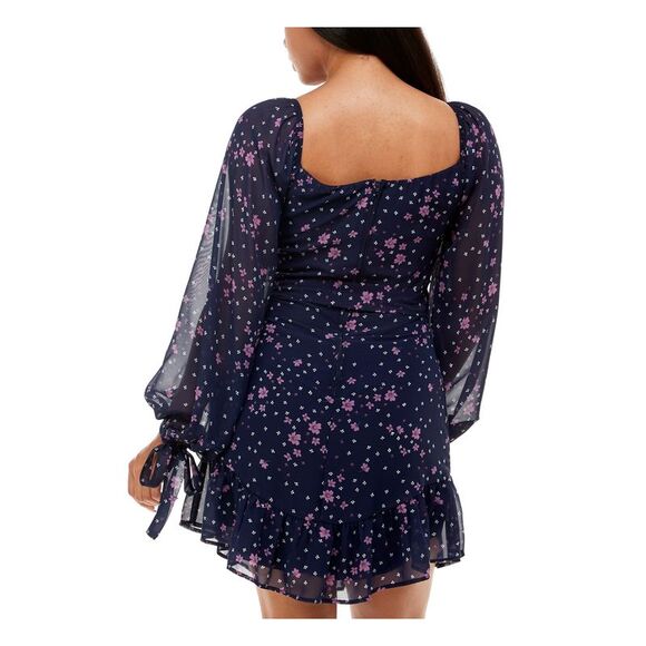 NWT B DARLIN Womens Navy Tie Asymmetrical-hem Balloon Sleeve Short Dress 3\4 - Picture 2 of 5